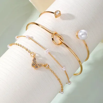 Pearl Butterfly Heart Open Bangle Bracelets Set